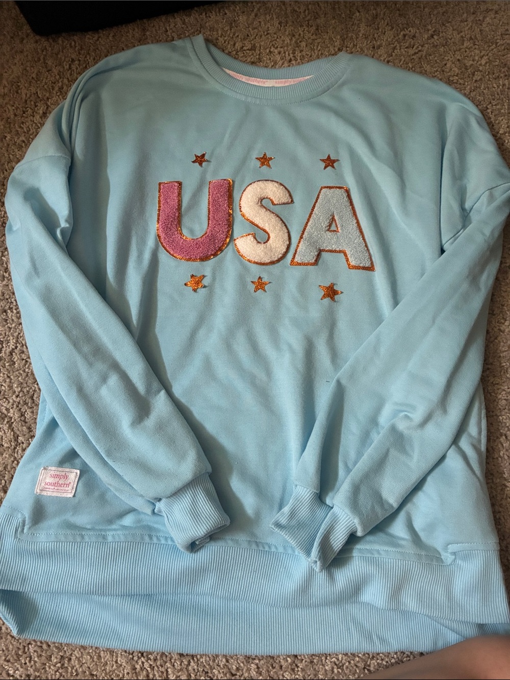 Simply Southern Light Blue Pullover Hoodie with Pink Logo Patch